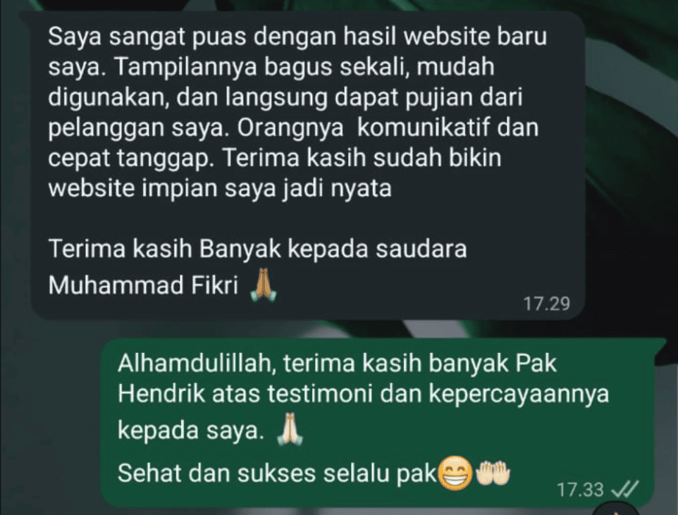 Cuplikan testimoni WhatsApp dari Bapak Hendrik untuk proyek Web Travel Bali Middle East