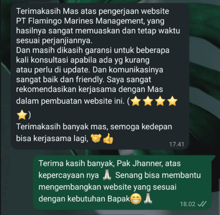 Cuplikan testimoni WhatsApp dari Bapak Jhanner untuk proyek PT. Flamingo Marines Management