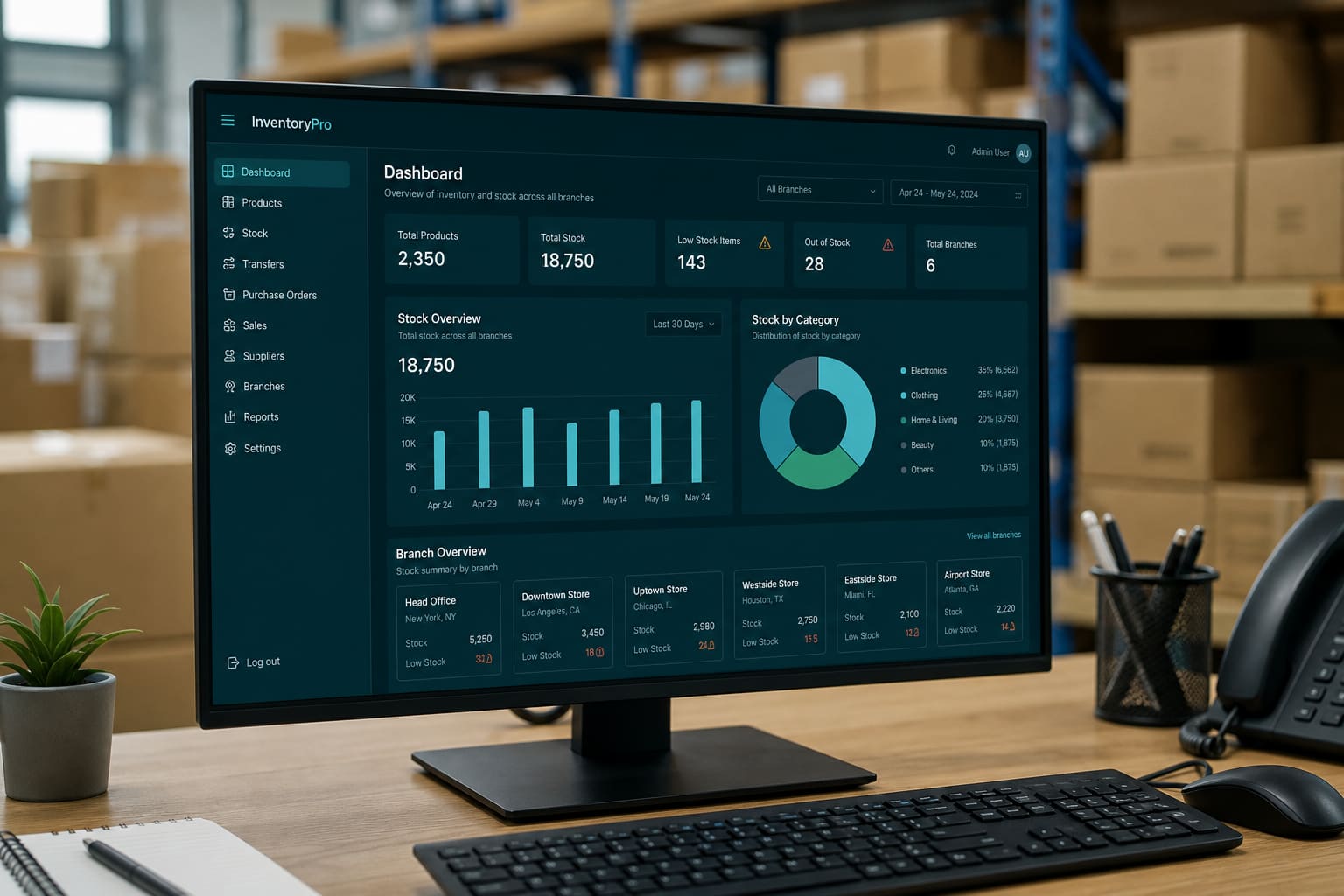 Sistem inventori dan stok cabang ditampilkan di monitor