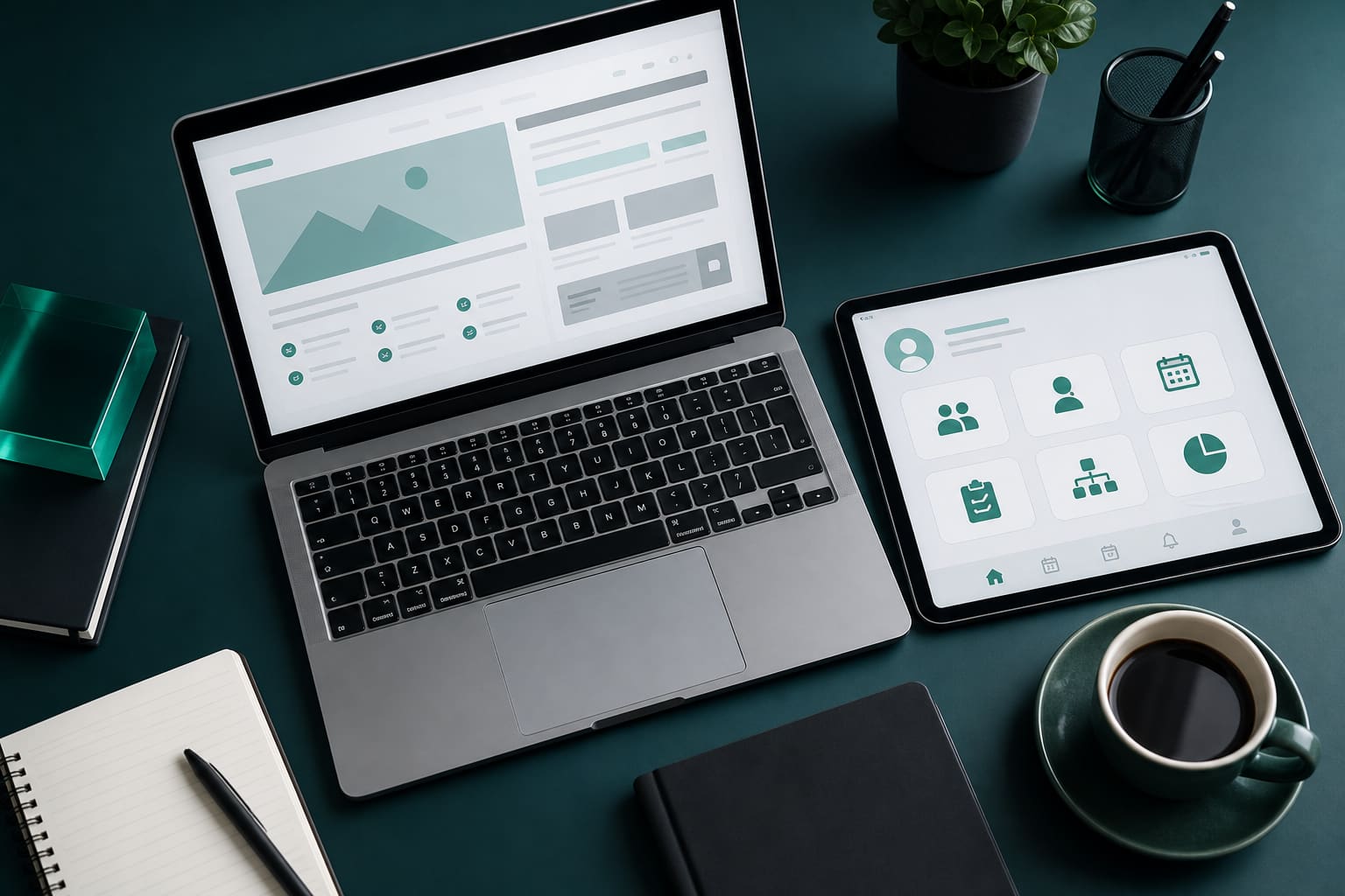 Perangkat kerja digitalisasi: laptop, tablet, dan material perencanaan di meja kerja